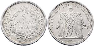 1848. Francia. D (Lyon). 5 francos. (Kr. ... 