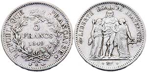 1849. Francia. K (Burdeos). 5 francos. (Kr. ... 