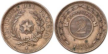 1870. Paraguay. 2 céntimos. (Kr. 3). 10,17 ... 