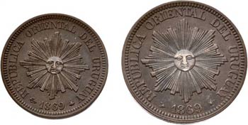 1869. Uruguay. 2 y 4 centésimos. (Kr. 12 y ... 