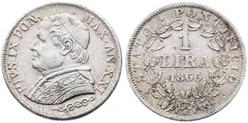 1866. Vaticano. Pío IX. R (Roma). 1 lira. ... 