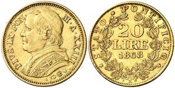 1868. Vaticano. Pío IX. R (Roma). 20 liras. ... 