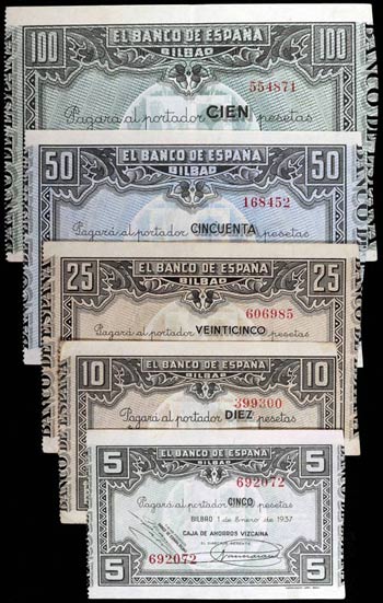 1937. Bilbao. 5, 10, 25, 50 y 100 pesetas. ... 