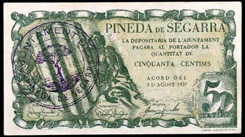 Pineda de Segarra. 50 céntimos (dos) y 1 ... 
