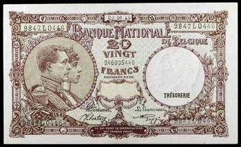 1944. Bélgica. Banco Nacional. 20 francos. ... 