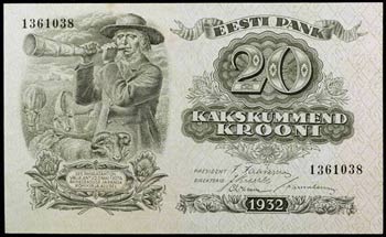 1932. Estonia. Banco de Estonia. 20 coronas. ... 