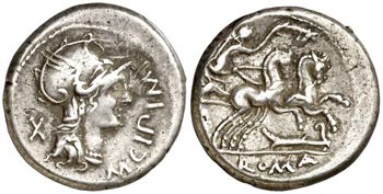 (hacia 115-114 a.C.). Gens Cipia. Denario. ... 