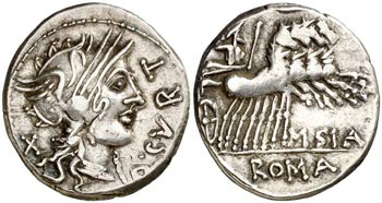 (hacia 116-115 a.C.). Gens Curtia. Denario. ... 