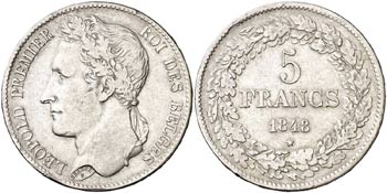1848. Bélgica. Leopoldo I. 5 francos. (Kr. ... 