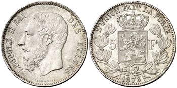 1873. Bélgica. Leopoldo II. 5 francos. (Kr. ... 