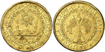 1832. Chile. Santiago. I. 8 escudos. ... 