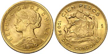 1970. Chile. 100 pesos/10 cóndores. (Fr. ... 