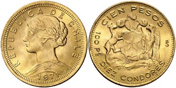 1971. Chile. 100 pesos/10 cóndores. (Fr. ... 