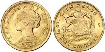 1974. Chile. 100 pesos/10 cóndores. (Fr. ... 