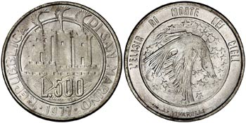 1977. San Marino. 500 liras. (Kr. 71). 11 g. ... 