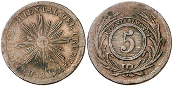1854/40. Uruguay. 5 centésimos. (Kr. 1). ... 