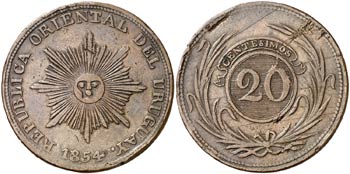 1854. Uruguay. 20 centésimos. (Kr. 2.3). ... 