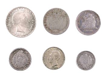 Lote de 6 monedas de plata sudamericanas ... 