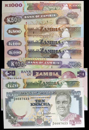Zambia. 9 billetes de diversos valores y ... 