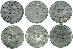 Sarroca. 5, 10, 15, 25 céntimos (dos) y 1 ... 