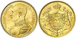 1914. Bélgica. Alberto I. 20 francos. (Fr. ... 