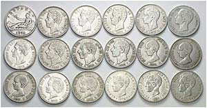 1870 a 1899. 5 pesetas. Lote de 34 monedas, ... 
