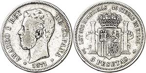 1871*1873. Amadeo I. DEM. 5 pesetas. (AC. ... 