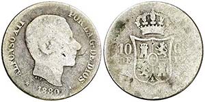 1880. Alfonso XII. Manila. 10 centavos. (AC. ... 