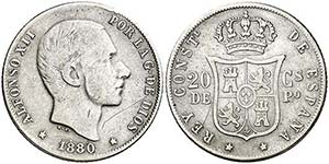 1880. Alfonso XII. Manila. 20 centavos. (AC. ... 