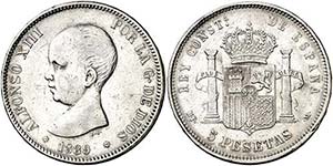 1889*1889. Alfonso XIII. MPM. 5 pesetas. ... 