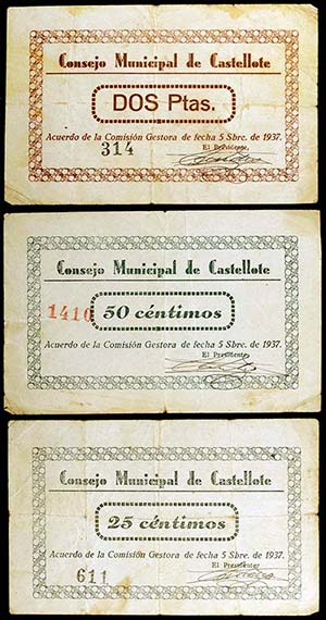 Castellote (Teruel). 25, 50 céntimos y 2 ... 