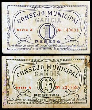Gandía (Valencia). 25 céntimos y 1 peseta. ... 