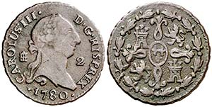 1780. Carlos III. Segovia. 2 maravedís. ... 