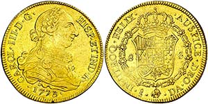 1773. Carlos III. Santiago. DA. 8 escudos. ... 