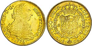 1775. Carlos III. Santiago. DA. 8 escudos. ... 