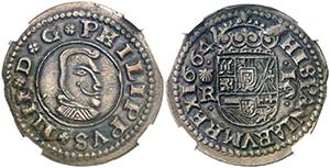 1664. Felipe IV. Coruña. R. 16 maravedís. ... 