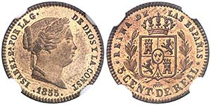 1855. Isabel II. Segovia. 5 céntimos de ... 
