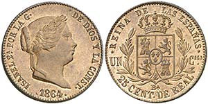 1864. Isabel II. Barcelona. 25 céntimos de ... 