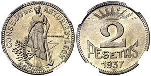 1937. Asturias y León. 2 pesetas. (AC. 10). ... 