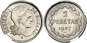 1937. Euzkadi. 2 pesetas. (AC. 15). Bella. ... 