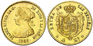 1866. Isabel II. Madrid. 4 escudos. (AC. ... 