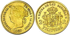 1866. Isabel II. Manila. 2 pesos. (AC. 847). ... 
