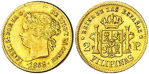 1868. Isabel II. Manila. 2 pesos. (AC. 850). ... 