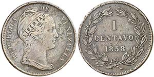 1858. Venezuela. Heaton. 1 centavo. (Kr. 7). ... 