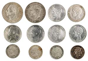 1879 a 1904. 50 céntimos (cuatro), 1 (seis) ... 