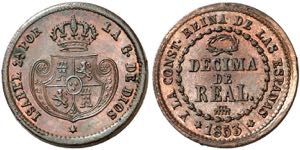 1853. Isabel II. Segovia. 1 décima de real. ... 