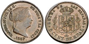 1857. Isabel II. Segovia. 5 céntimos de ... 
