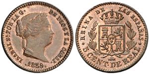 1859. Isabel II. Segovia. 5 céntimos de ... 