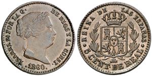 1860. Isabel II. Segovia. 5 céntimos de ... 