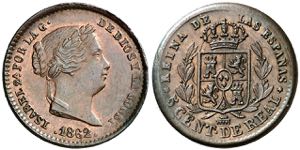 1862. Isabel II. Segovia. 5 céntimos de ... 